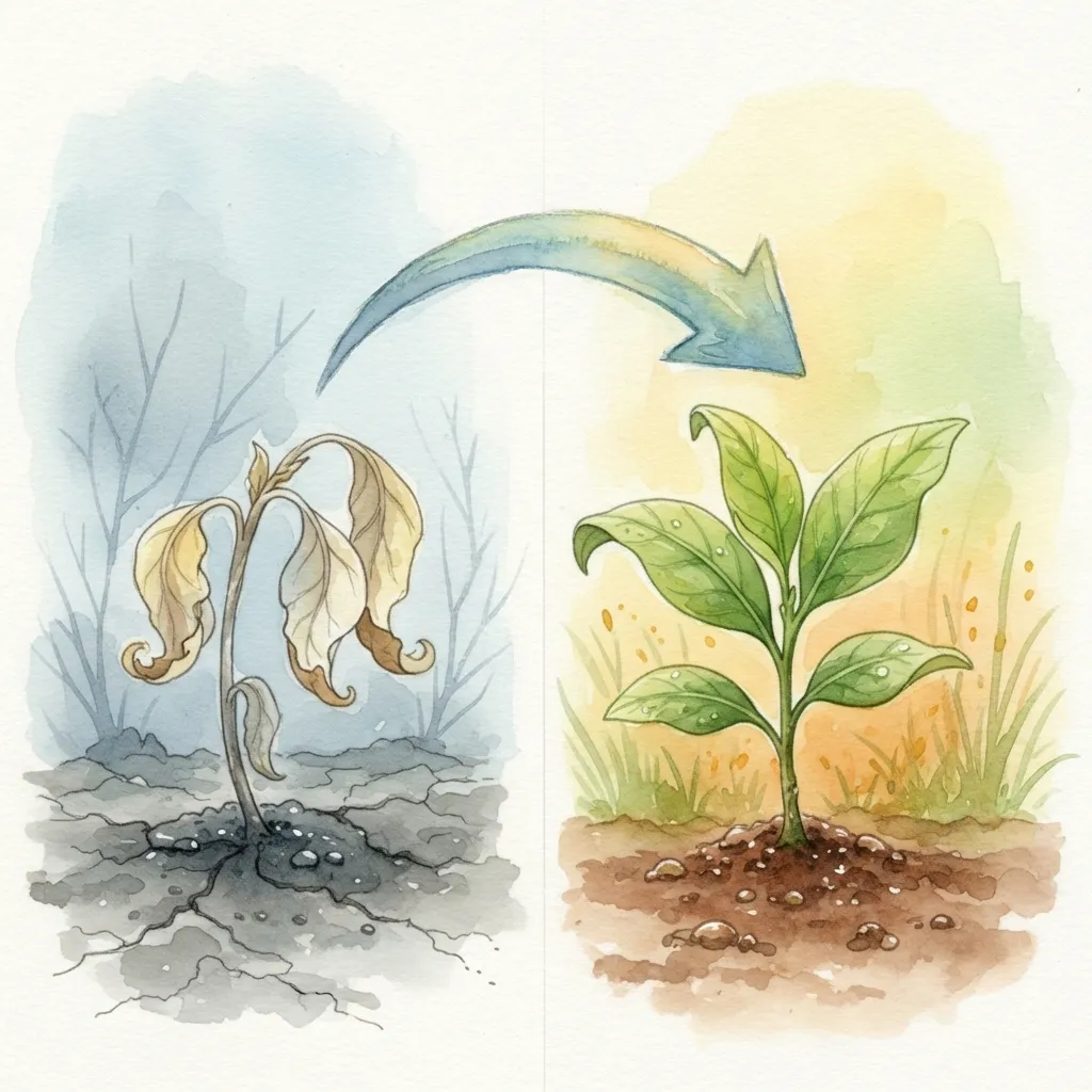 Wilting seedling transforming into thriving plant - watercolor illustration showing change of environment