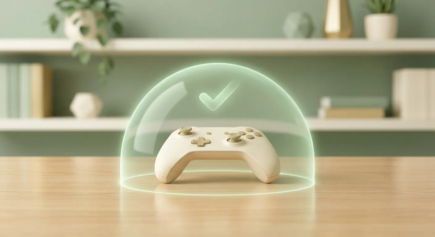 Game controller with protective green shield bubble representing parental gaming guardrails