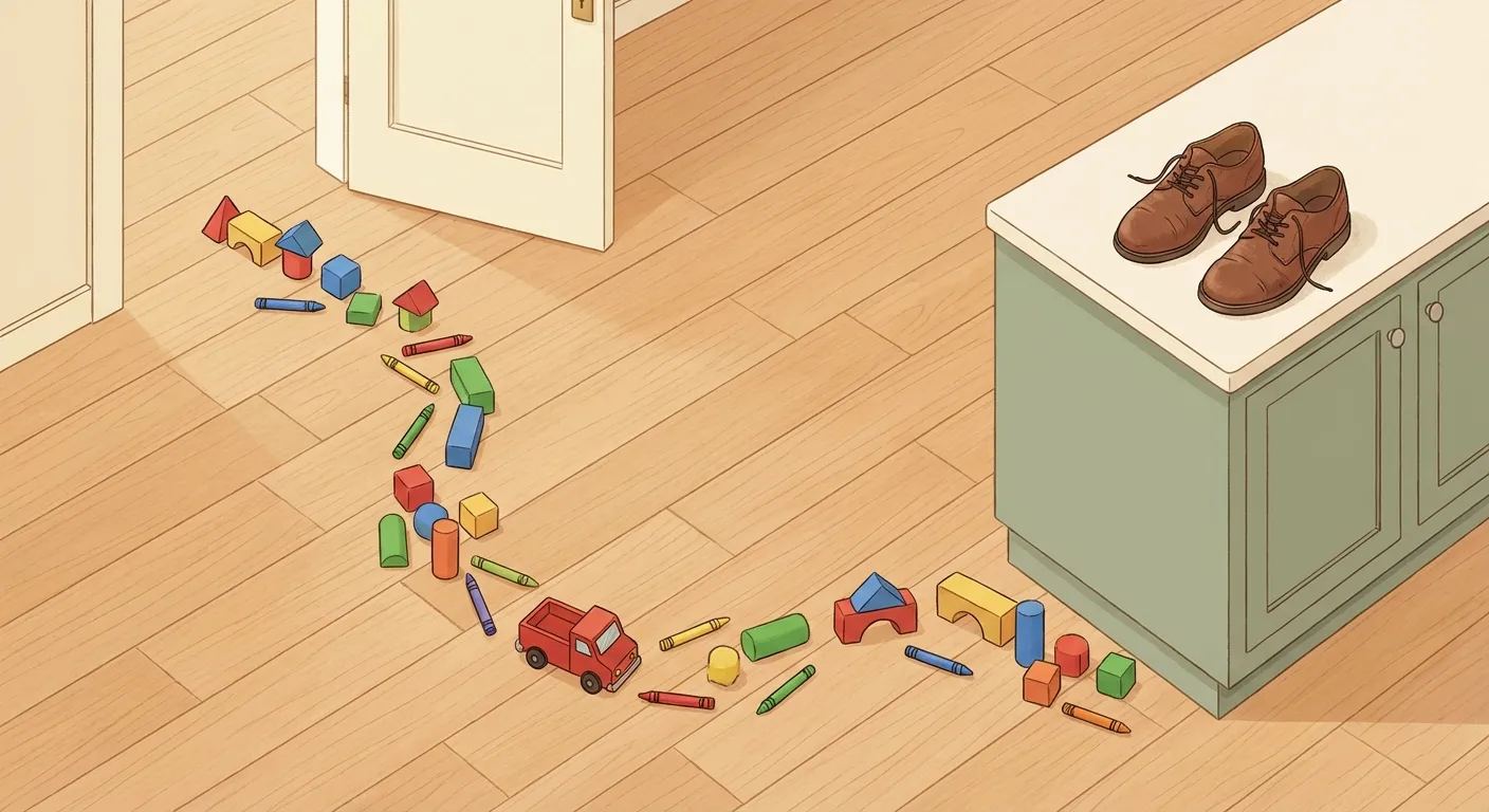Warm illustration of a home play setup showing toys placed near where parents spend their day
