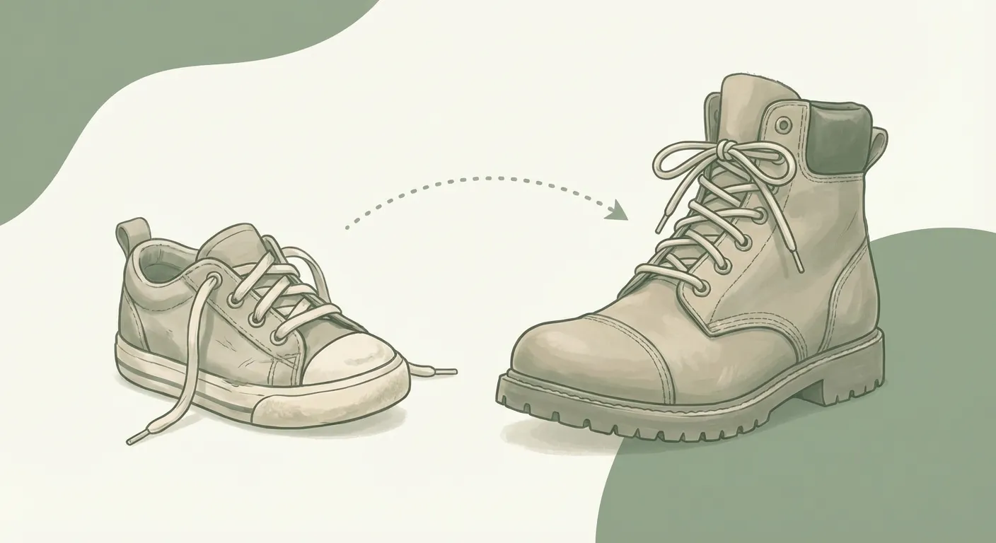 A child's sneaker transforming into an adult work boot, symbolizing how small teaching moments build lasting independence