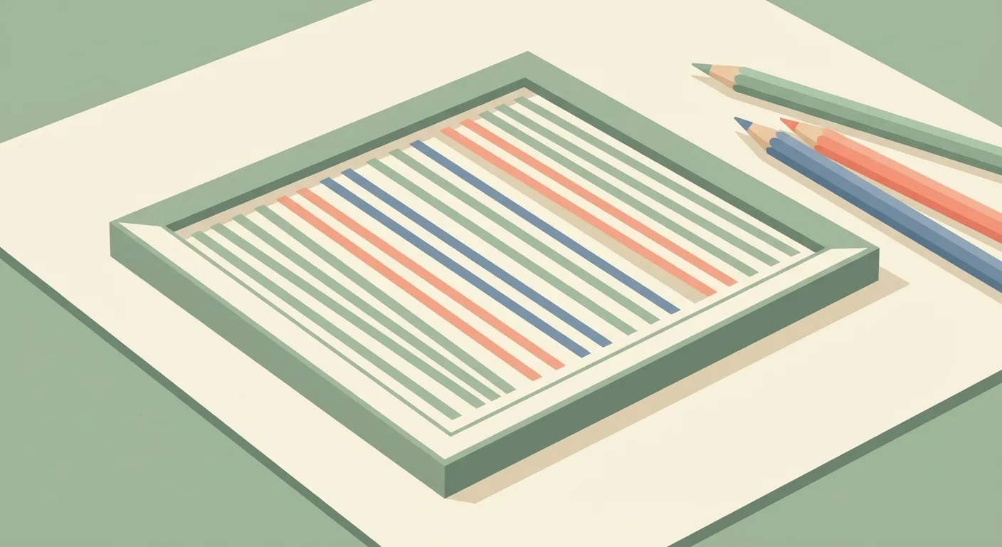 Geometric metal inset frame with colorful parallel pencil lines filling a square shape, colored pencils nearby