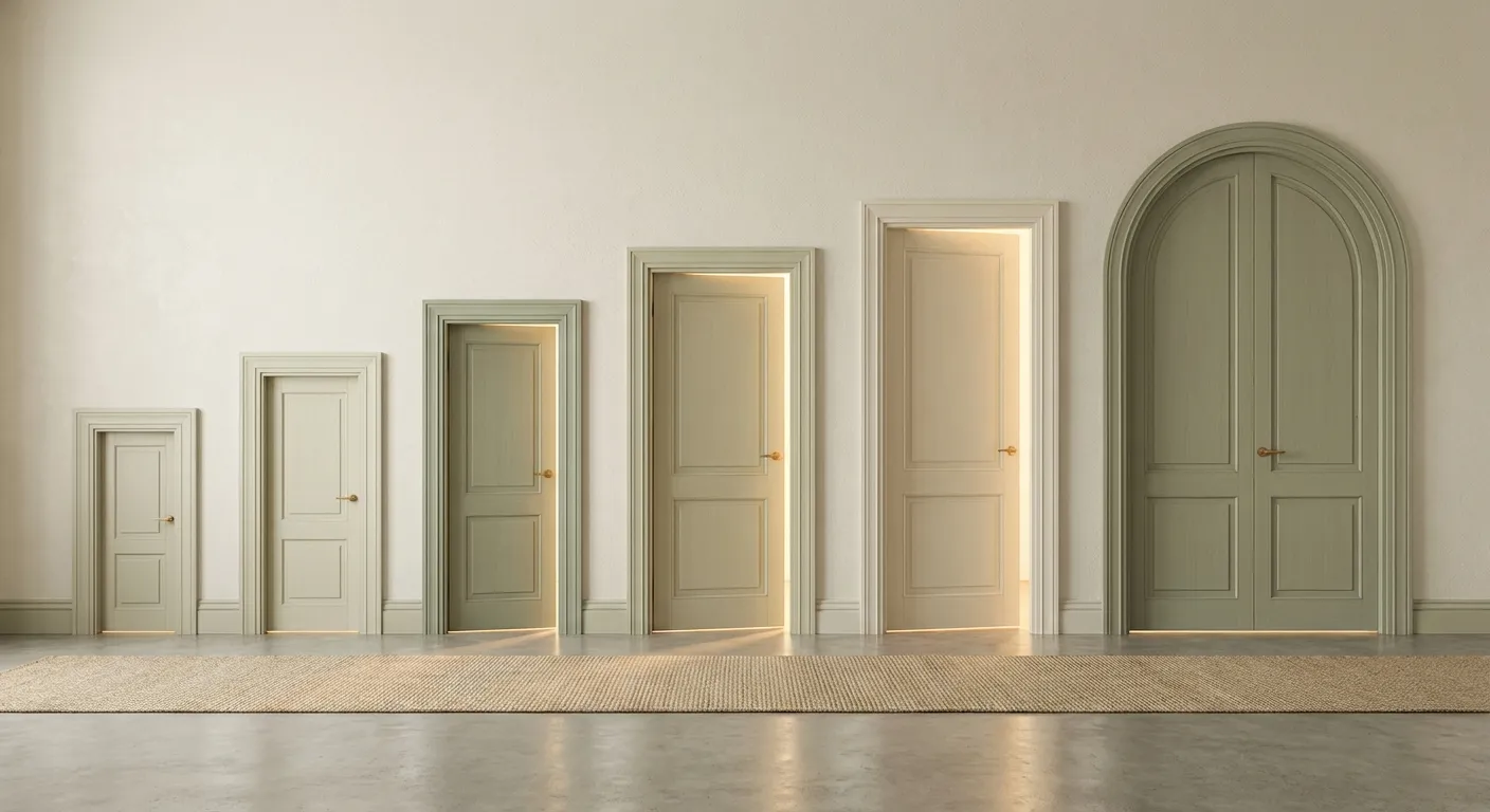 Five doors in a hallway of different sizes representing the shifting parenting trap at each developmental stage