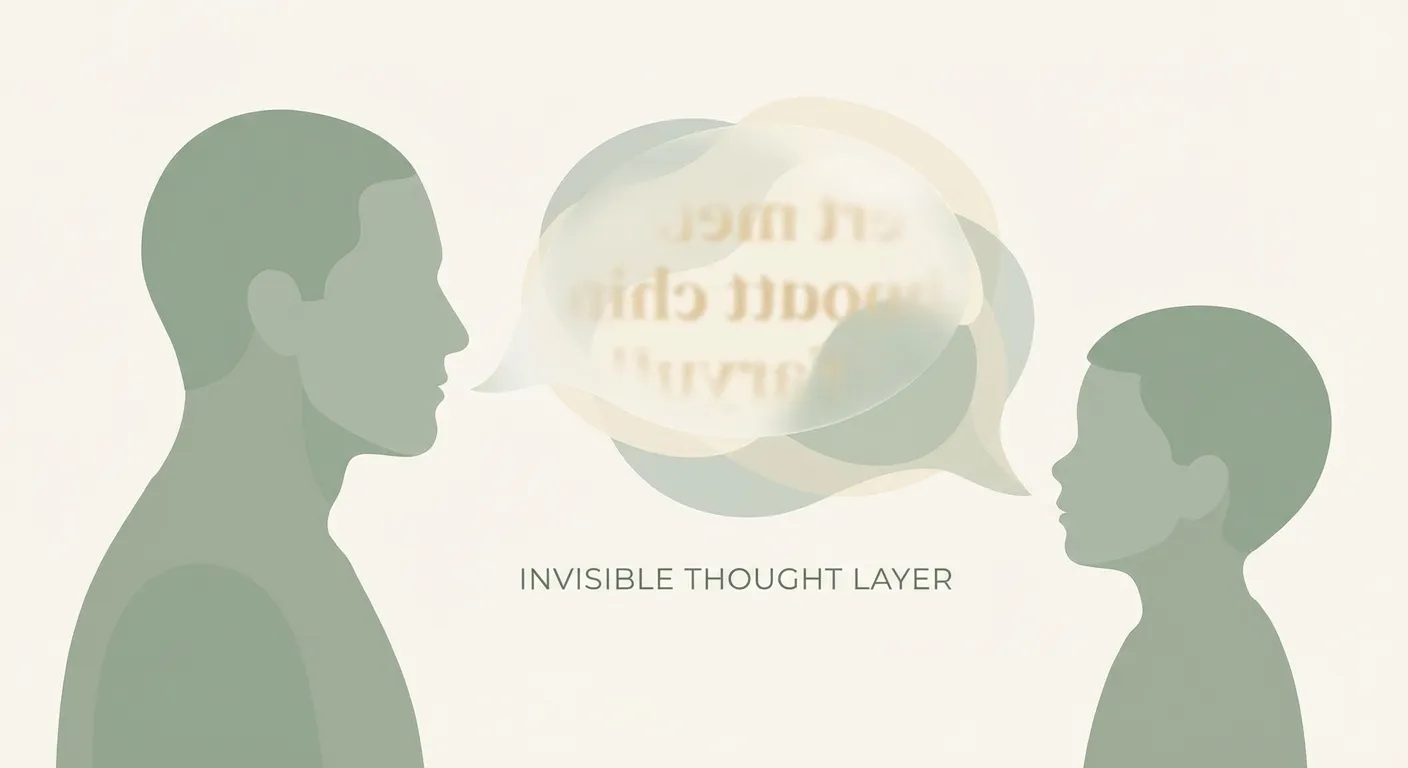 Translucent speech bubble between parent and child silhouettes, revealing a hidden sentence