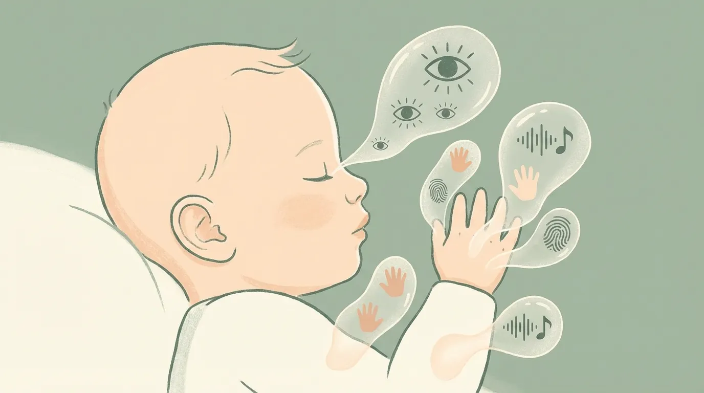 Baby in profile with signal bubbles showing eyes, hands, and sound icons emanating from their body