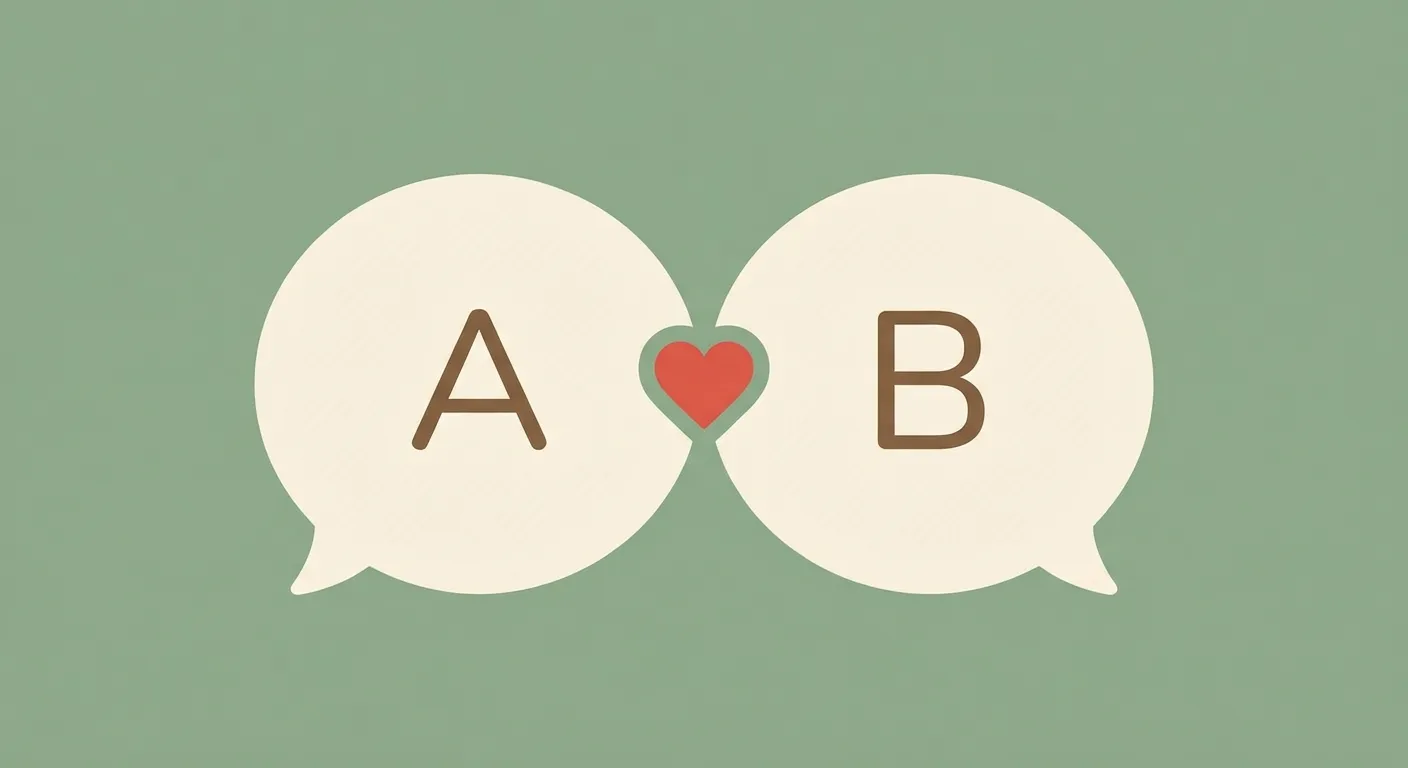 Two colorful speech bubbles with a heart symbol between them, representing a playful either/or conversation game