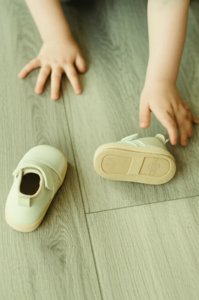 Small shoes on the floor with toddler hands reaching toward them independently