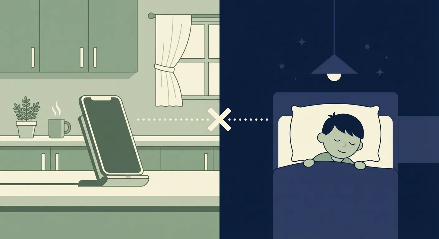 Illustration of a child on a secret midnight phone retrieval mission through a moonlit hallway