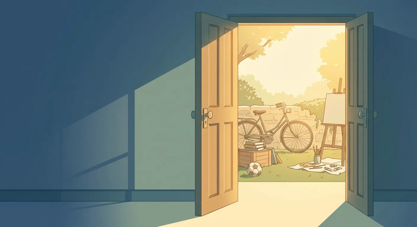 Open doorway leading from a dim room into a bright sunlit garden, symbolizing making room for something better