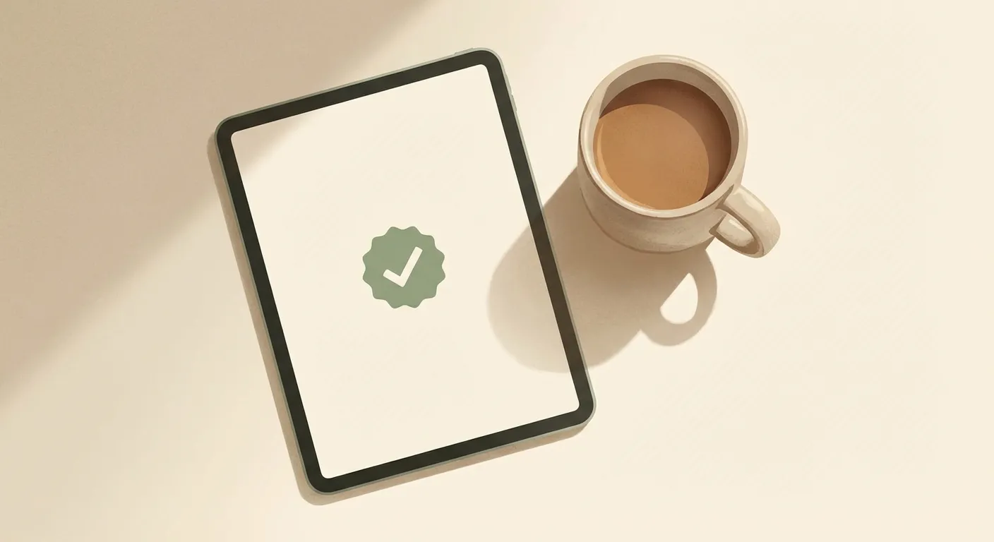 Warm illustration of a tablet on a table with coffee mug and green checkmark showing a completed device setup