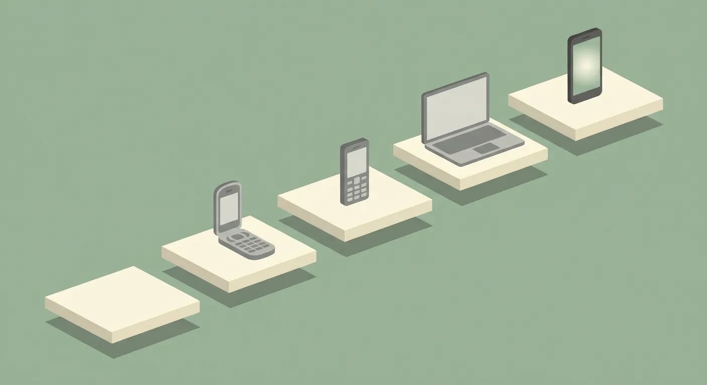 Five devices on ascending platforms showing the progression from no phone to smartphone