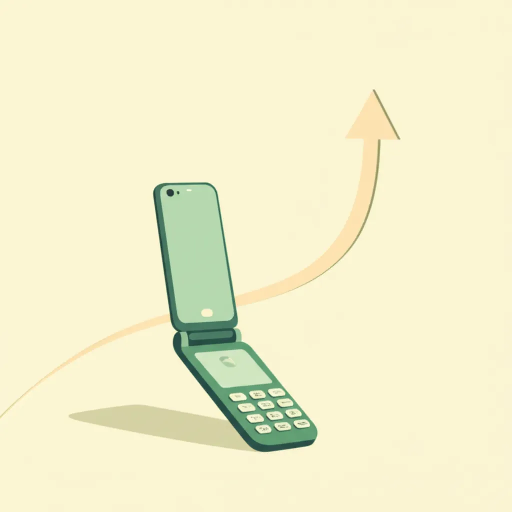 Illustration of a flip phone with a growth arc leading to a smartphone, representing the phone ladder progression