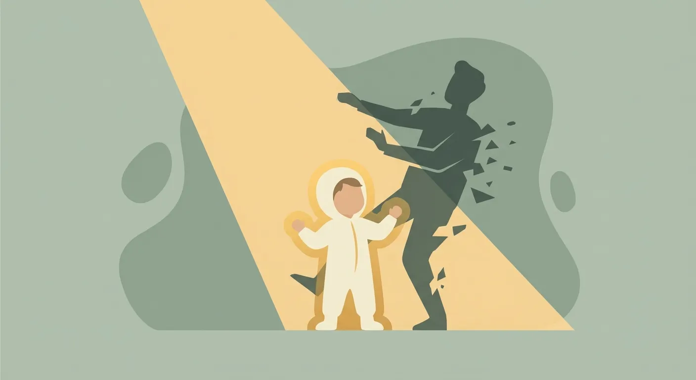 A child standing in a beam of warm light, pushing back a large dark shadow behind them