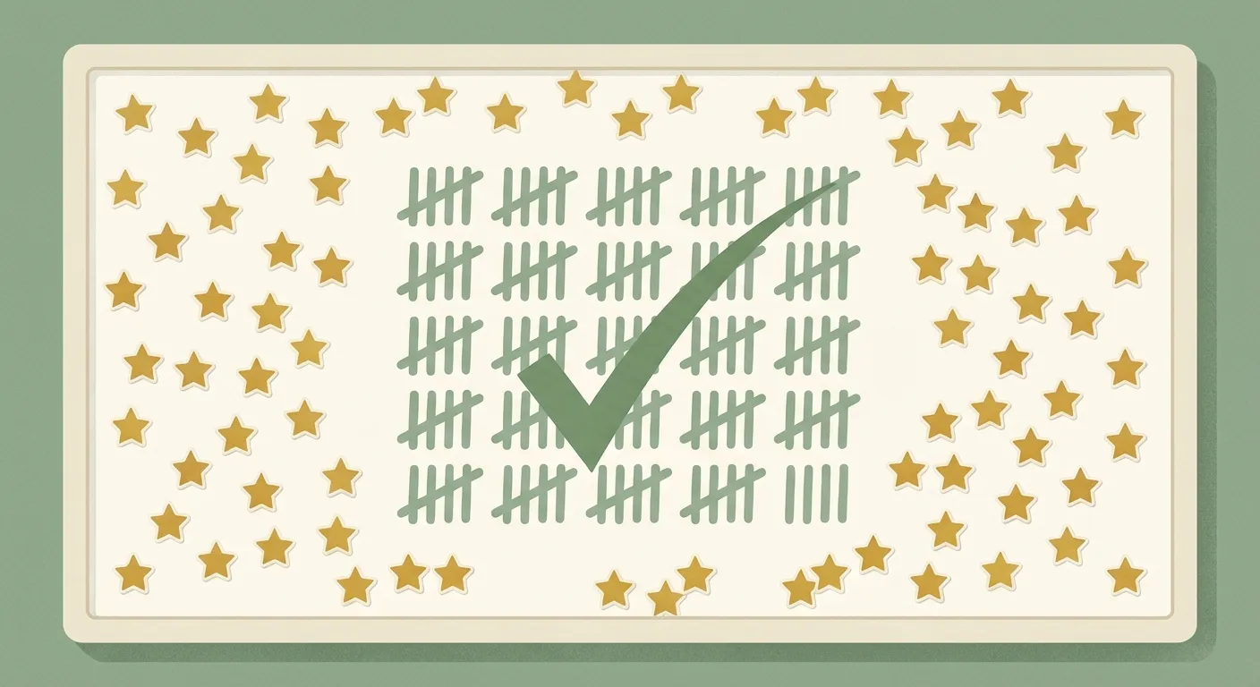 Whiteboard with tally marks, checkmark, and gold stars representing a team points scoreboard