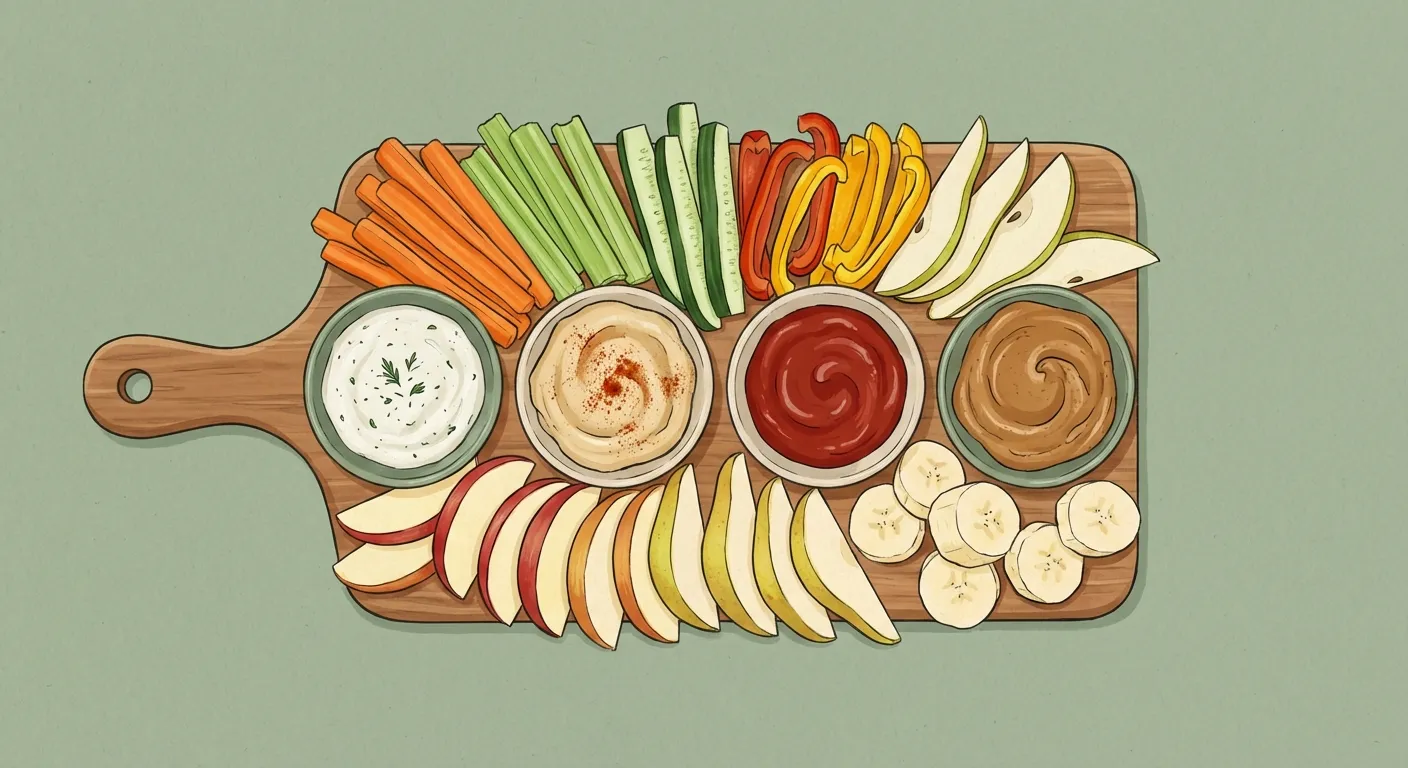 Flat-lay overhead dipping station with colorful bowls of sauces and vegetables on a wooden board