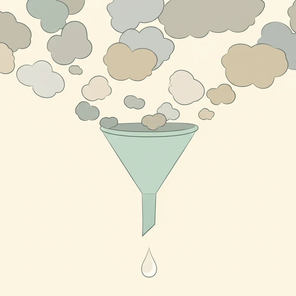 Warm illustration of a funnel filtering parenting guilt into signal and noise