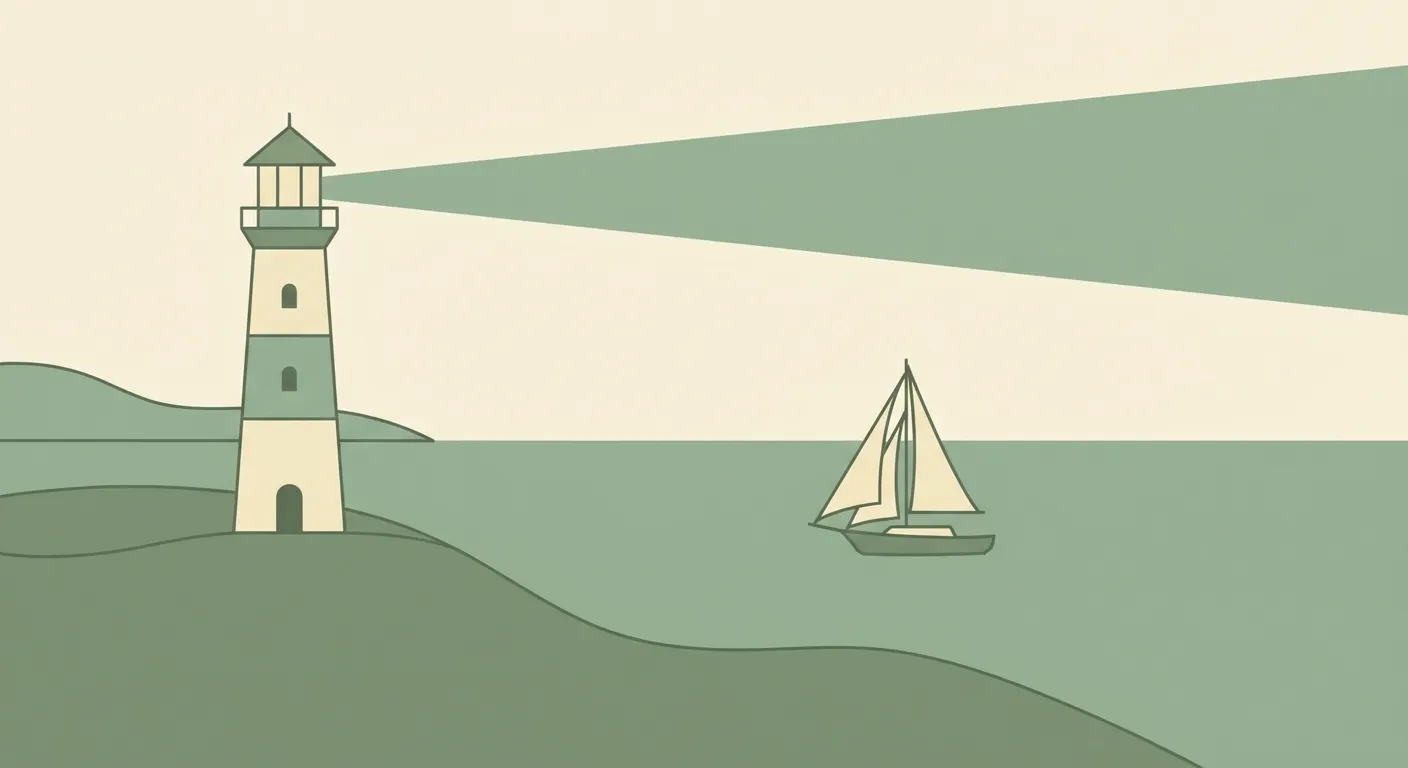 Warm illustration of a lighthouse with a small sailboat heading out to sea at sunset