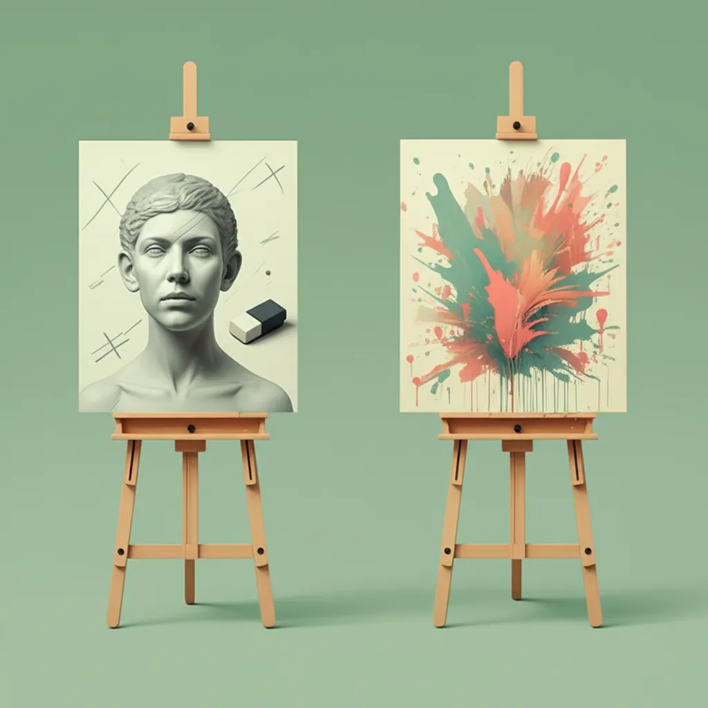 Two easels side by side — a perfect but lifeless grey painting versus a wild colorful messy painting bursting with energy