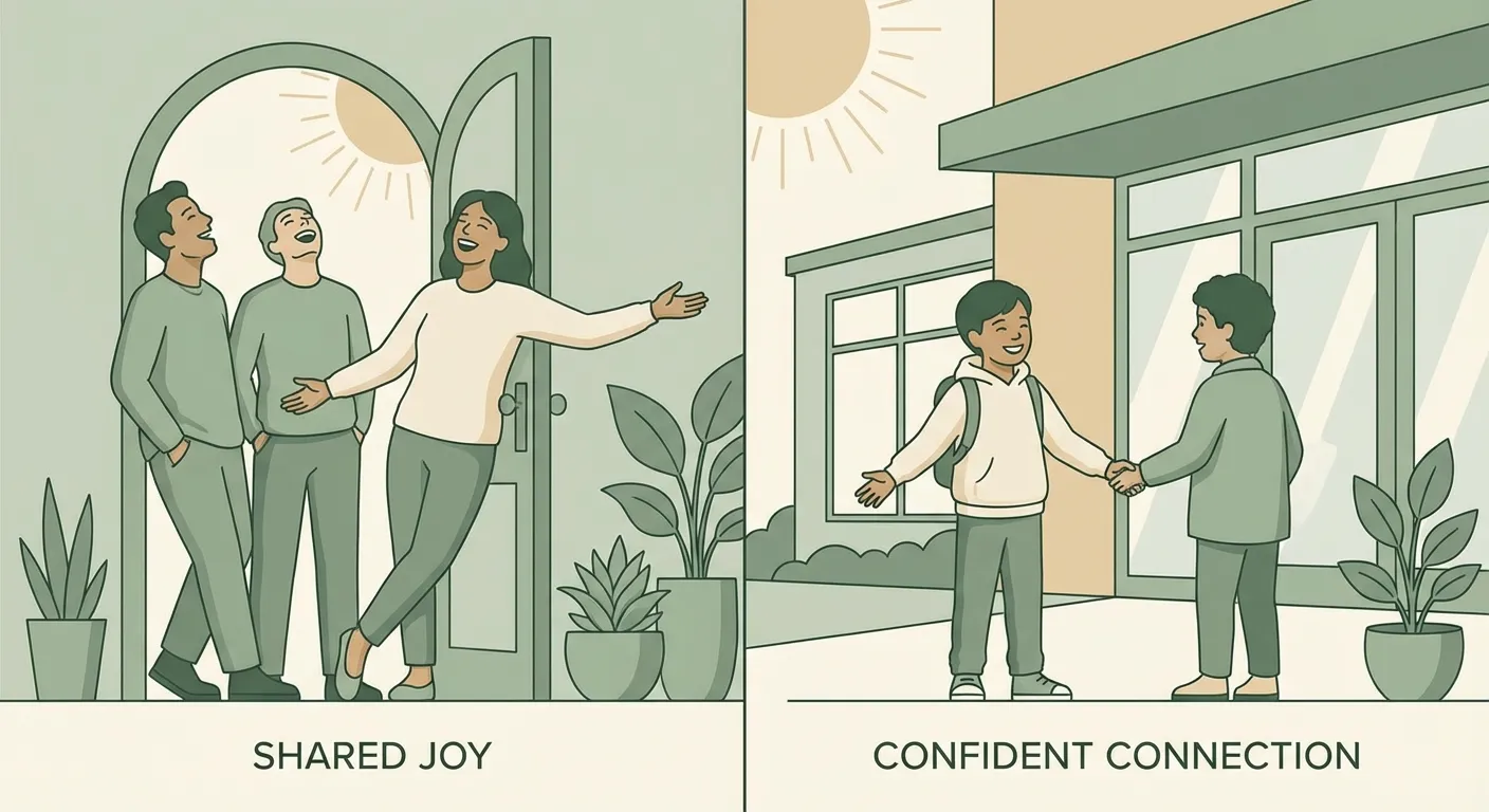 Split mirror illustration showing a parent's social life reflected as their child's learning curriculum