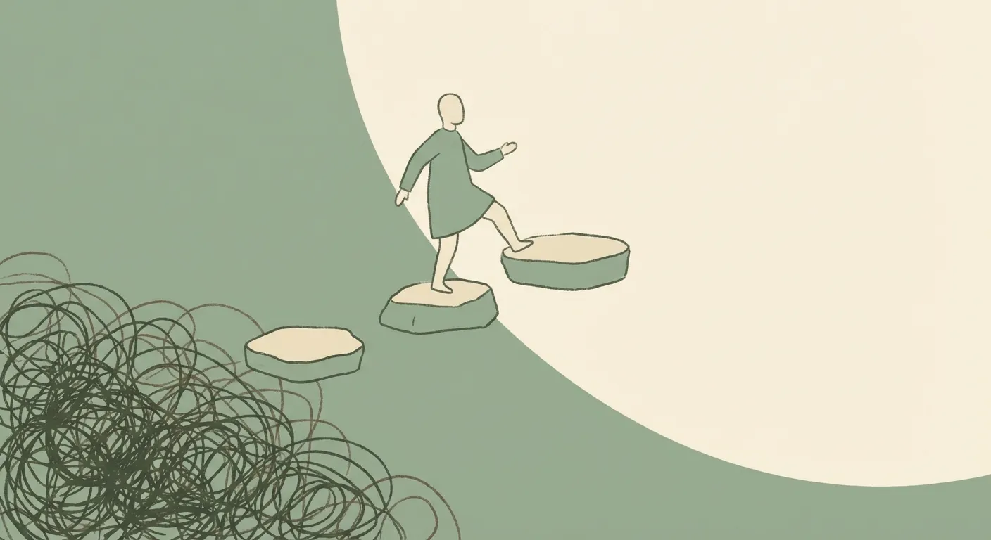 Stepping stones ascending from scribbled confusion to clarity, representing the SPOT method