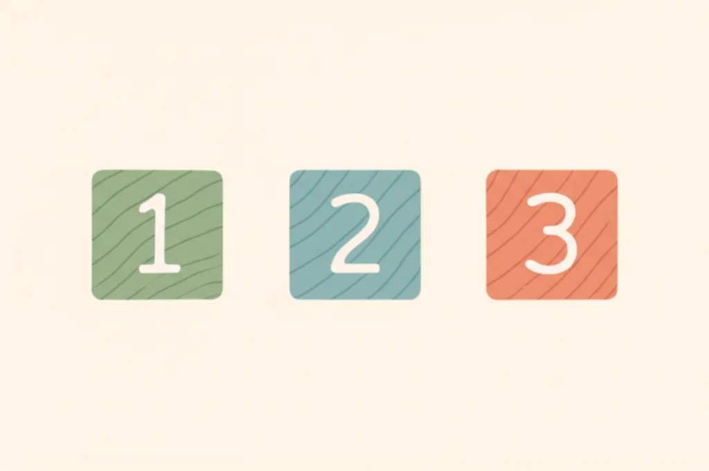 Three wooden blocks numbered 1, 2, 3 in sage green, soft blue, and coral — representing the three periods of Montessori's teaching method