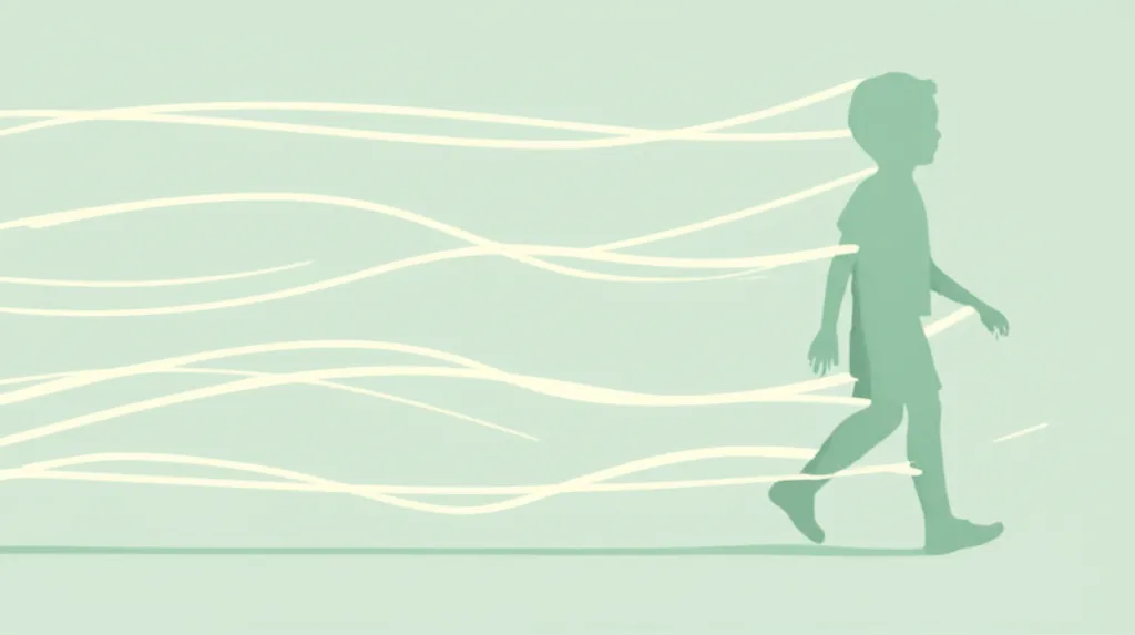 Child silhouette stepping free from dissolving chain-wisps representing invisible parenting patterns