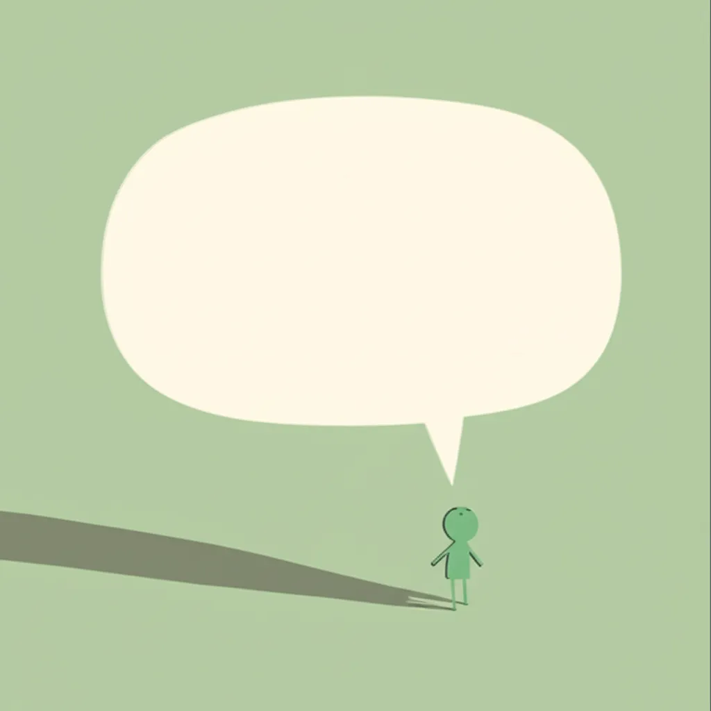 Illustration of an empty speech bubble casting a shadow over a small figure, representing the gap children fill with their own fears when adults stay silent