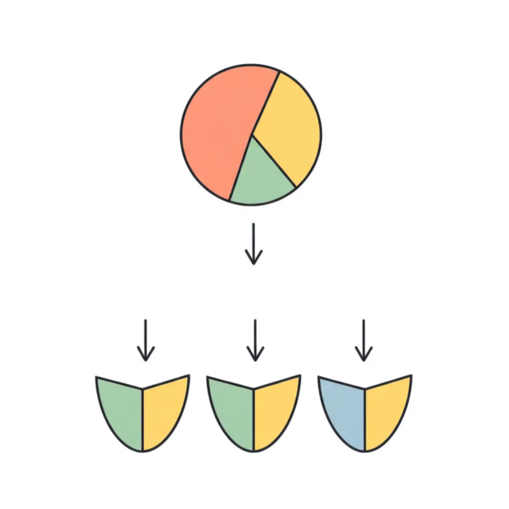 Colorful pie chart circle dividing into separate segments with arrows